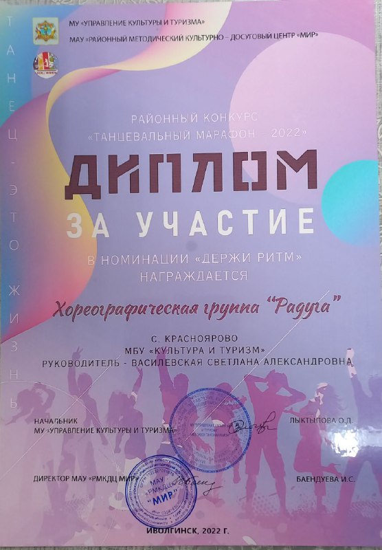 ТОС “Дружба” 28 декабря – Участие в Районном конкурсе «Танцевальный марафон-2022». Номинация «Держи ритм». Старшая хореографическая группа «Радуга»